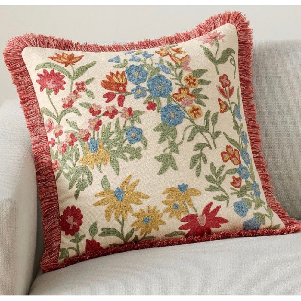Pottery Barn Bluebell Embroidered Floral Fringe Pillow 20" Cover NWT Retail $99